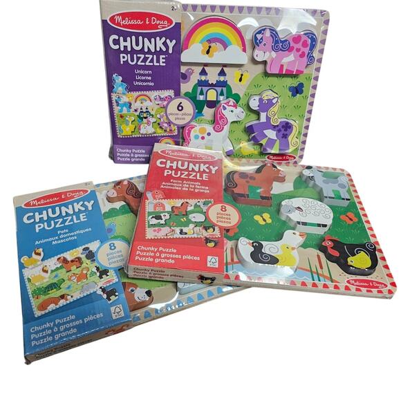 Melissa & Doug 3 pc Bundle Chunky Wood Puzzles Pets, Farm Animal ,Unicorn  NWT - Picture 1 of 4